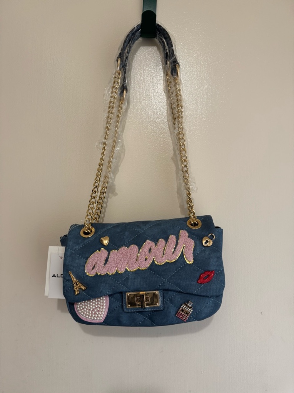 ALDO Honeoye Satchel Quilted Blue Denim Shoulder Bag with Pink 'Amour' patch - Picture 2 of 8